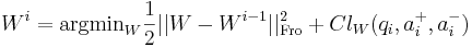 W^i = \mathrm{argmin}_W \frac{1}{2} ||W - W^{i-1}||^2_\mathrm{Fro} + C l_W(q_i, a_i^+, a_i^-)