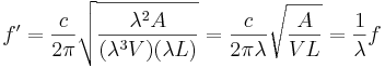 f'=\frac{c}{2{\pi}}\sqrt{\frac{{\lambda}^2A}{({\lambda}^3V)({\lambda}L)}}=\frac{c}{2{\pi}{\lambda}}\sqrt{\frac{A}{VL}}=\frac{1}{\lambda}f